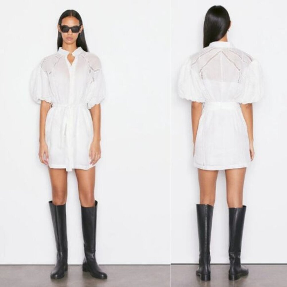 NWT Frame Inset Lace Puff Sleeve Button Front Dress White Blanc Size: Large